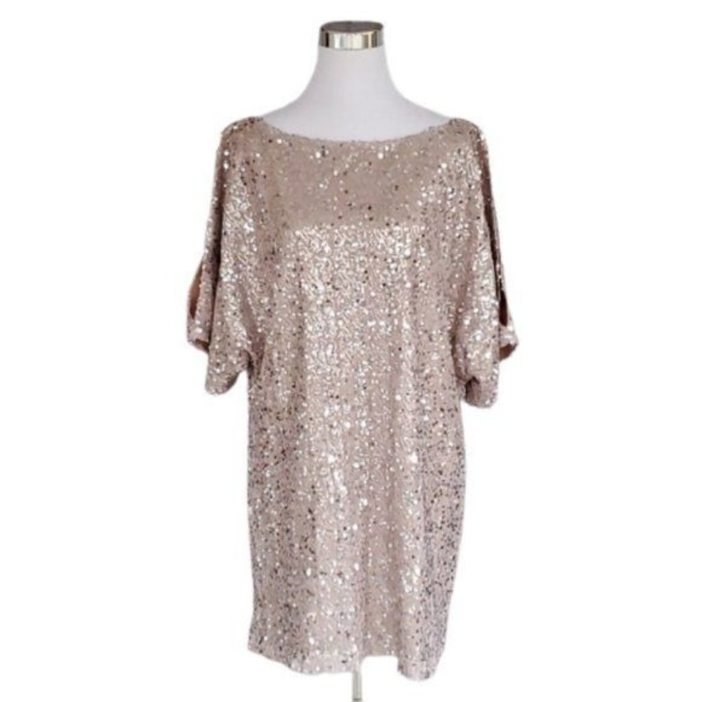 NV Couture Champagne Above Knee Cold Shoulder Party Cocktail Sheath Dress Sze 12